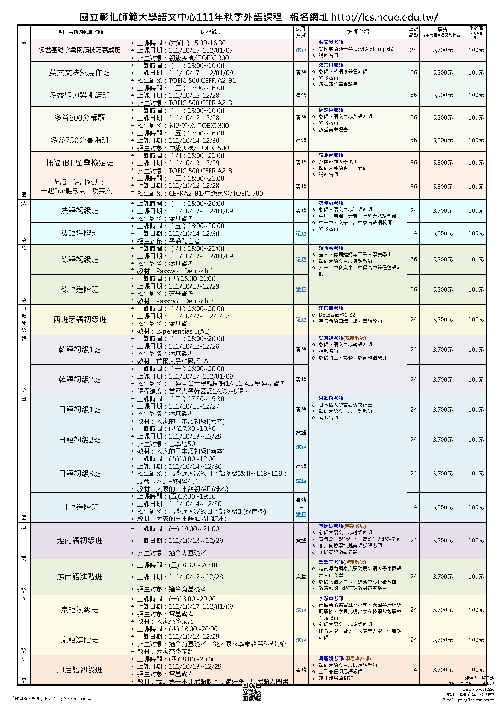 111年秋季外語課程